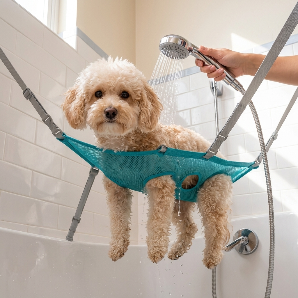 SnugRinse Pet Bathing Sling - Suction-Mount Mesh Hammock for Cats & Small Dogs